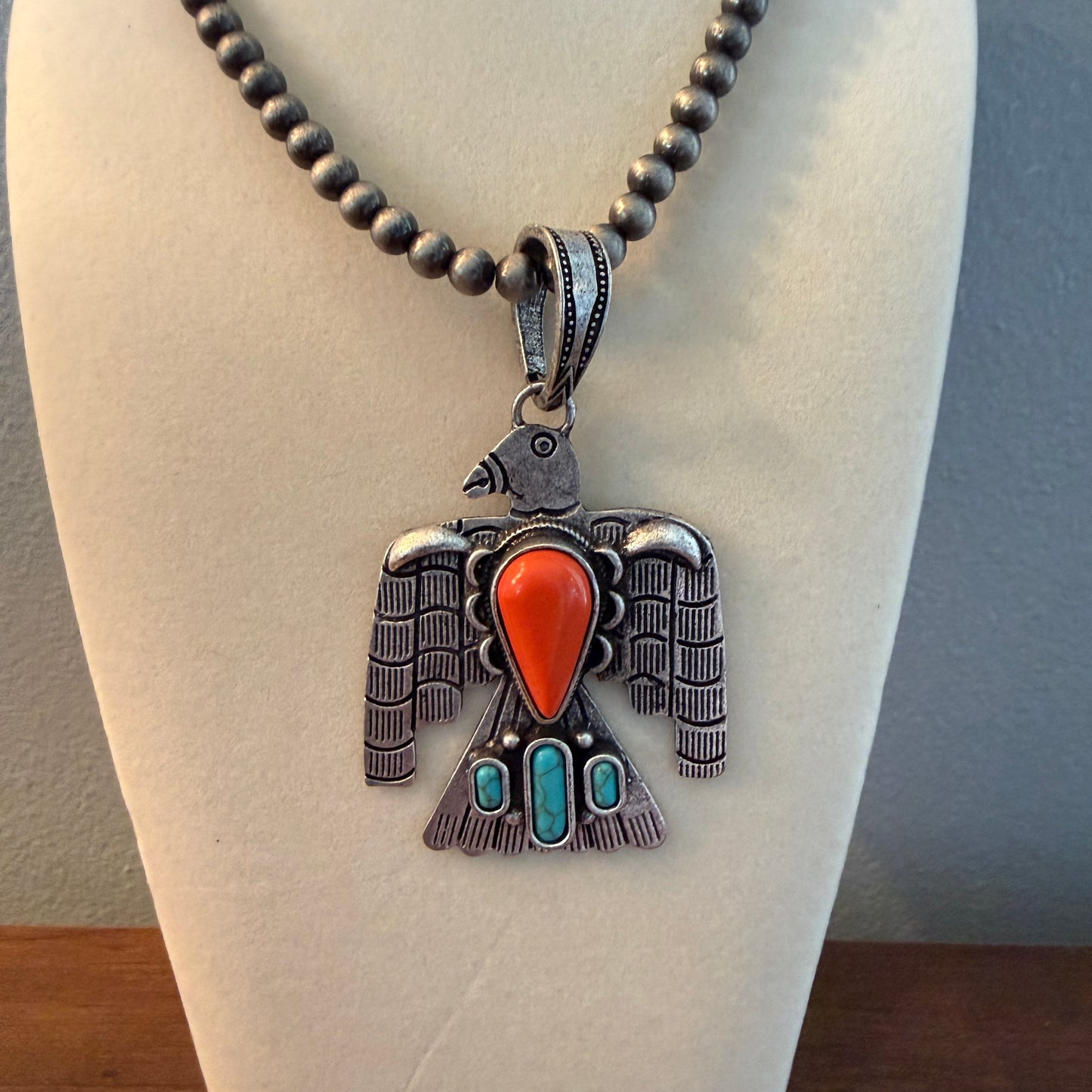 Handcrafted Navajo Style Coral Turquoise Thunderbird 6mm Silver Pearl Necklace, 18 Inch