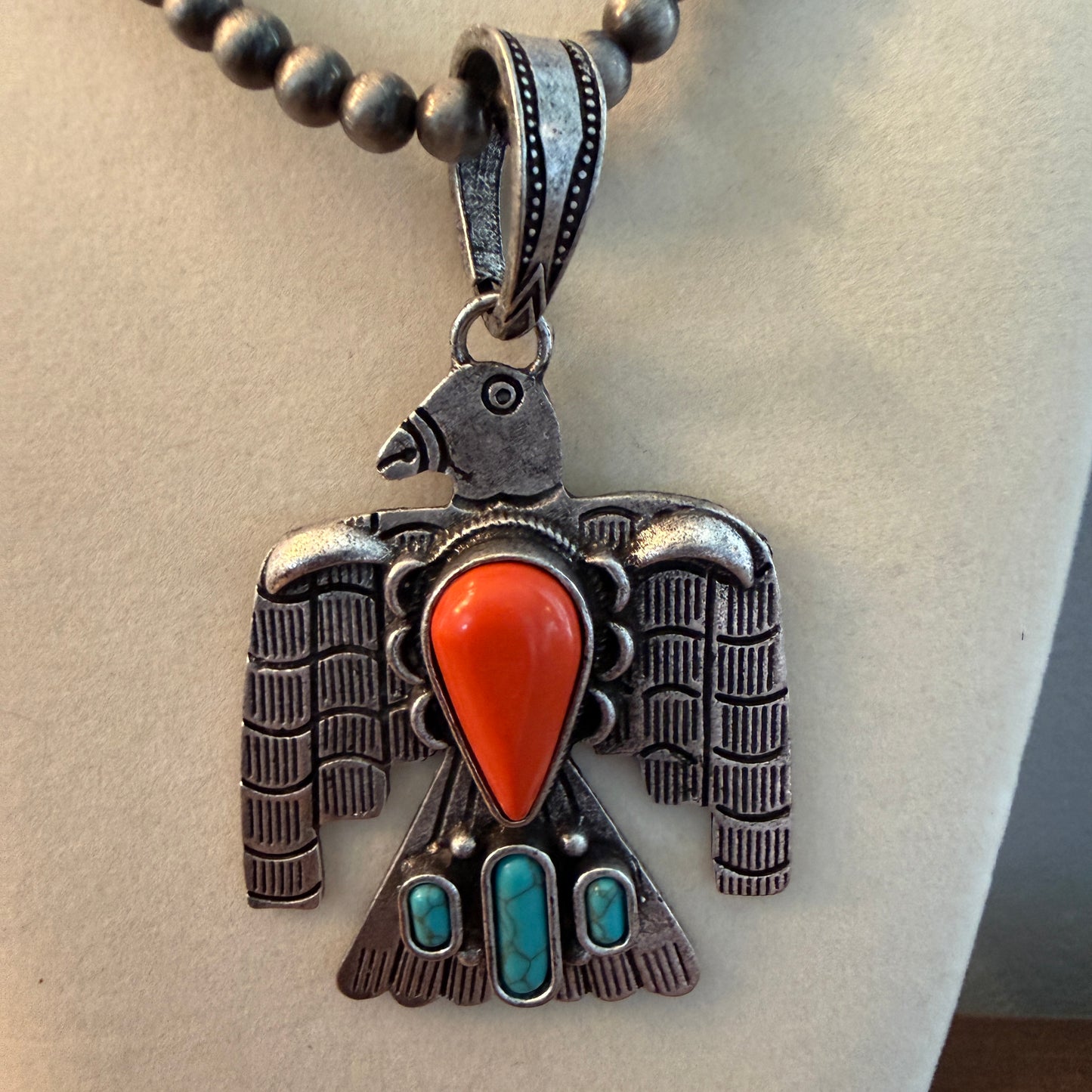 Handcrafted Navajo Style Coral Turquoise Thunderbird 6mm Silver Pearl Necklace, 18 Inch