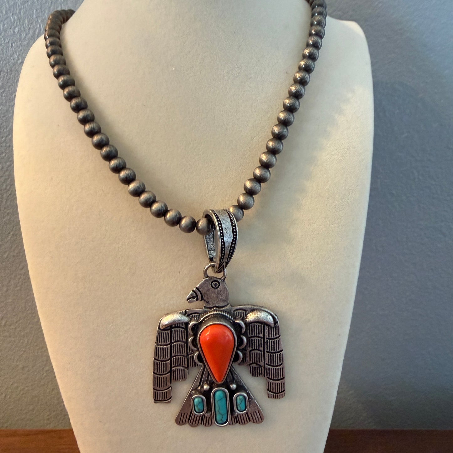 Handcrafted Navajo Style Coral Turquoise Thunderbird 6mm Silver Pearl Necklace, 18 Inch