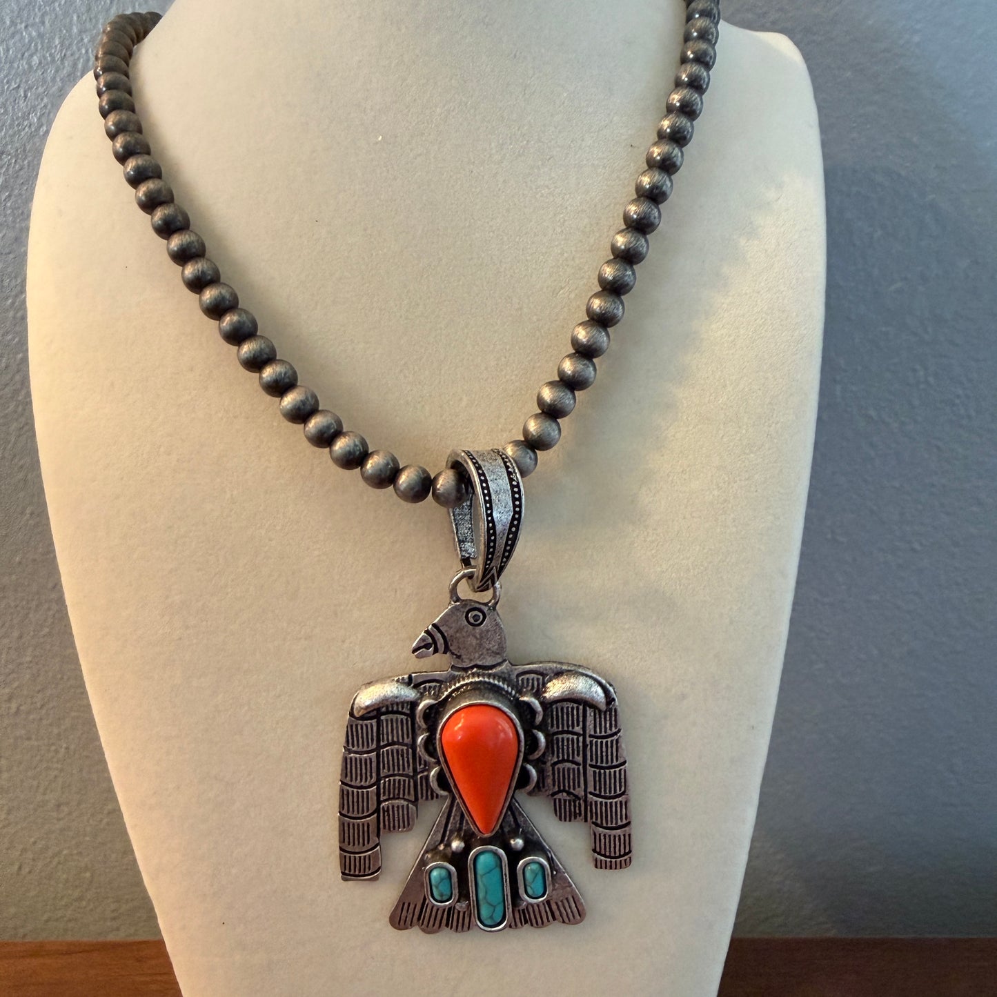 Handcrafted Navajo Style Coral Turquoise Thunderbird 6mm Silver Pearl Necklace, 18 Inch