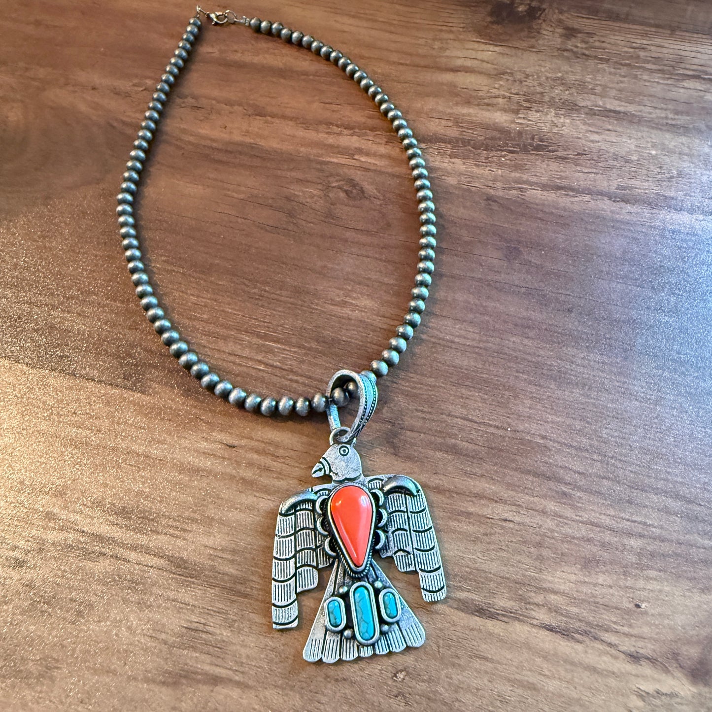 Handcrafted Navajo Style Coral Turquoise Thunderbird 6mm Silver Pearl Necklace, 18 Inch