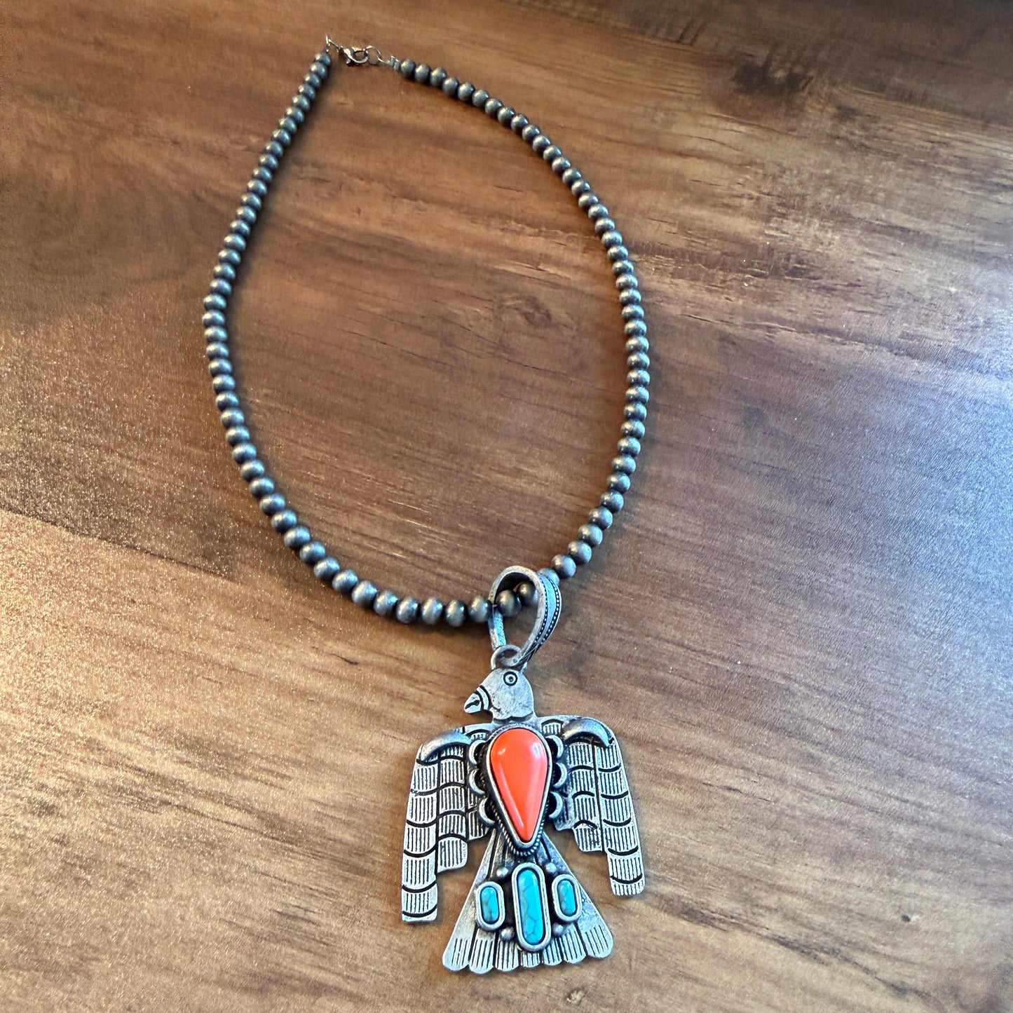 Handcrafted Navajo Style Coral Turquoise Thunderbird 6mm Silver Pearl Necklace, 18 Inch