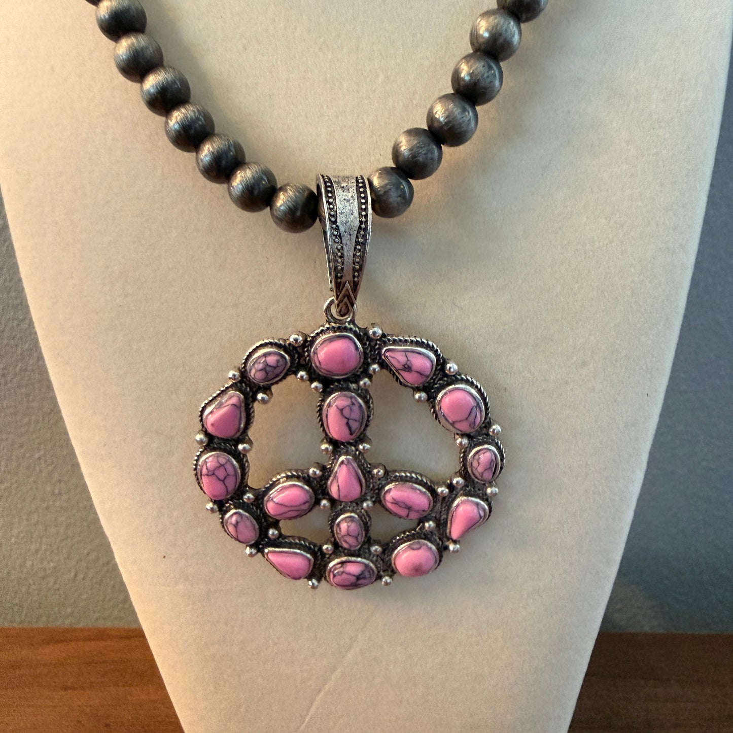 Handcrafted Hippie Hot Pink Peace Sign Pendant Silver 8mm Pearl Necklace , 23 Inch