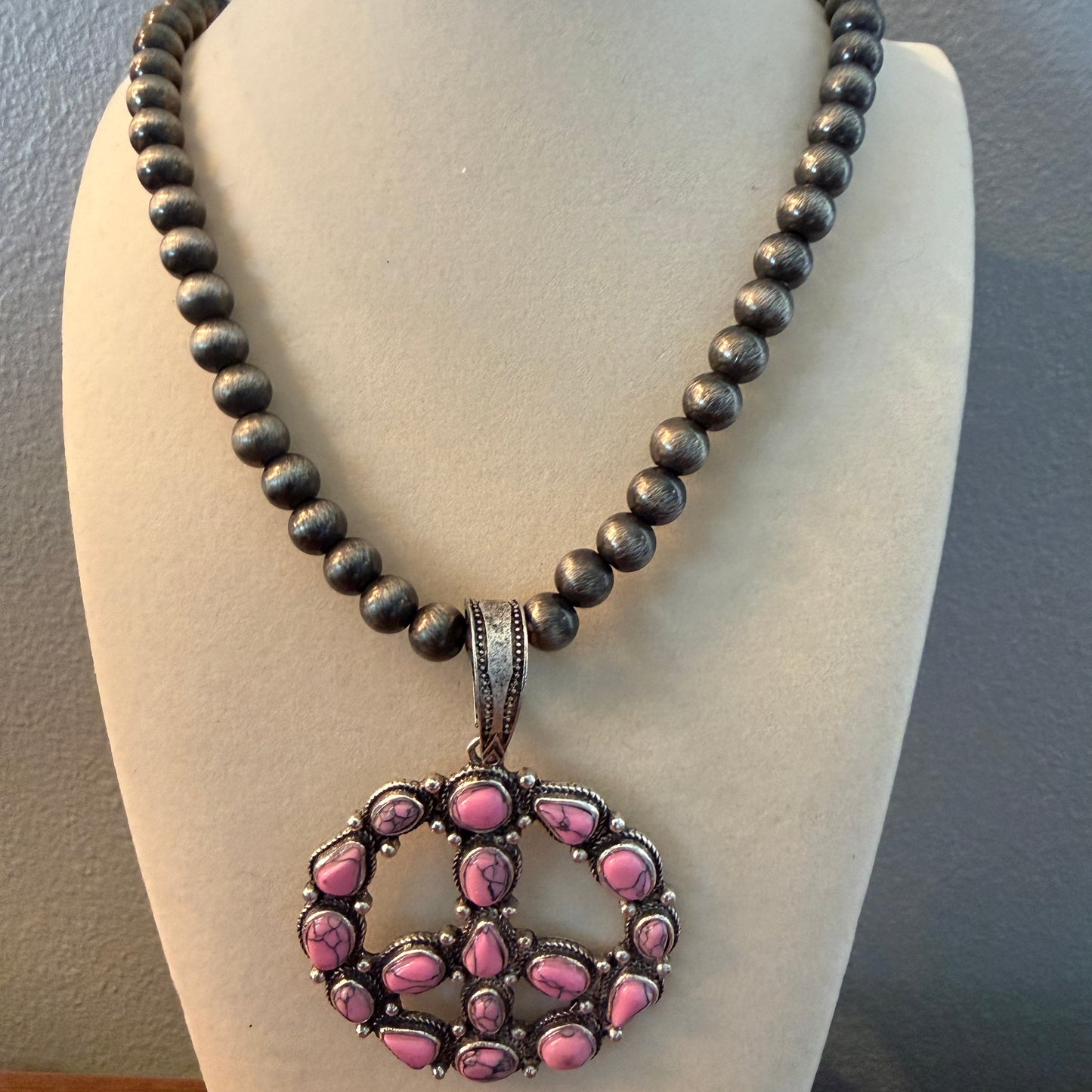 Handcrafted Hippie Hot Pink Peace Sign Pendant Silver 8mm Pearl Necklace , 23 Inch