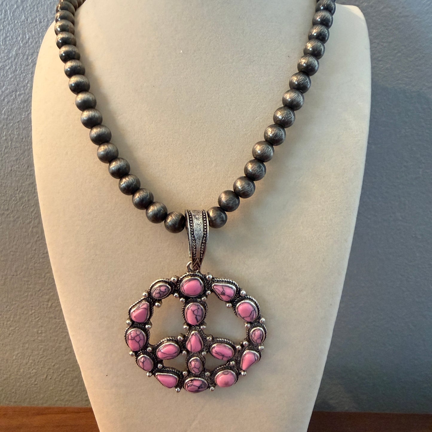 Handcrafted Hippie Hot Pink Peace Sign Pendant Silver 8mm Pearl Necklace , 23 Inch