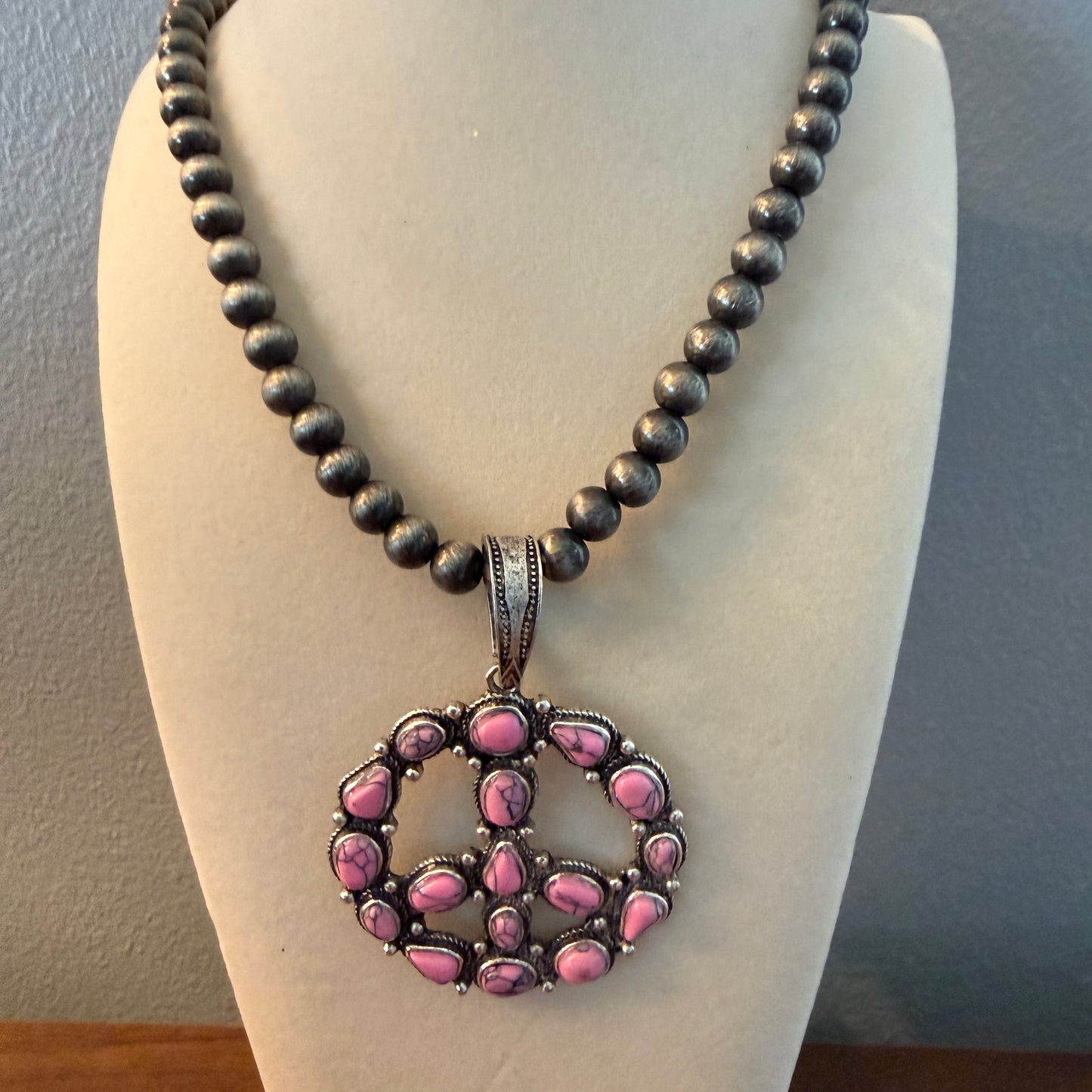 Handcrafted Hippie Hot Pink Peace Sign Pendant Silver 8mm Pearl Necklace , 23 Inch