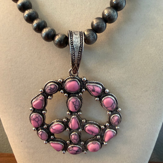Handcrafted Hippie Hot Pink Peace Sign Pendant Silver 8mm Pearl Necklace , 23 Inch