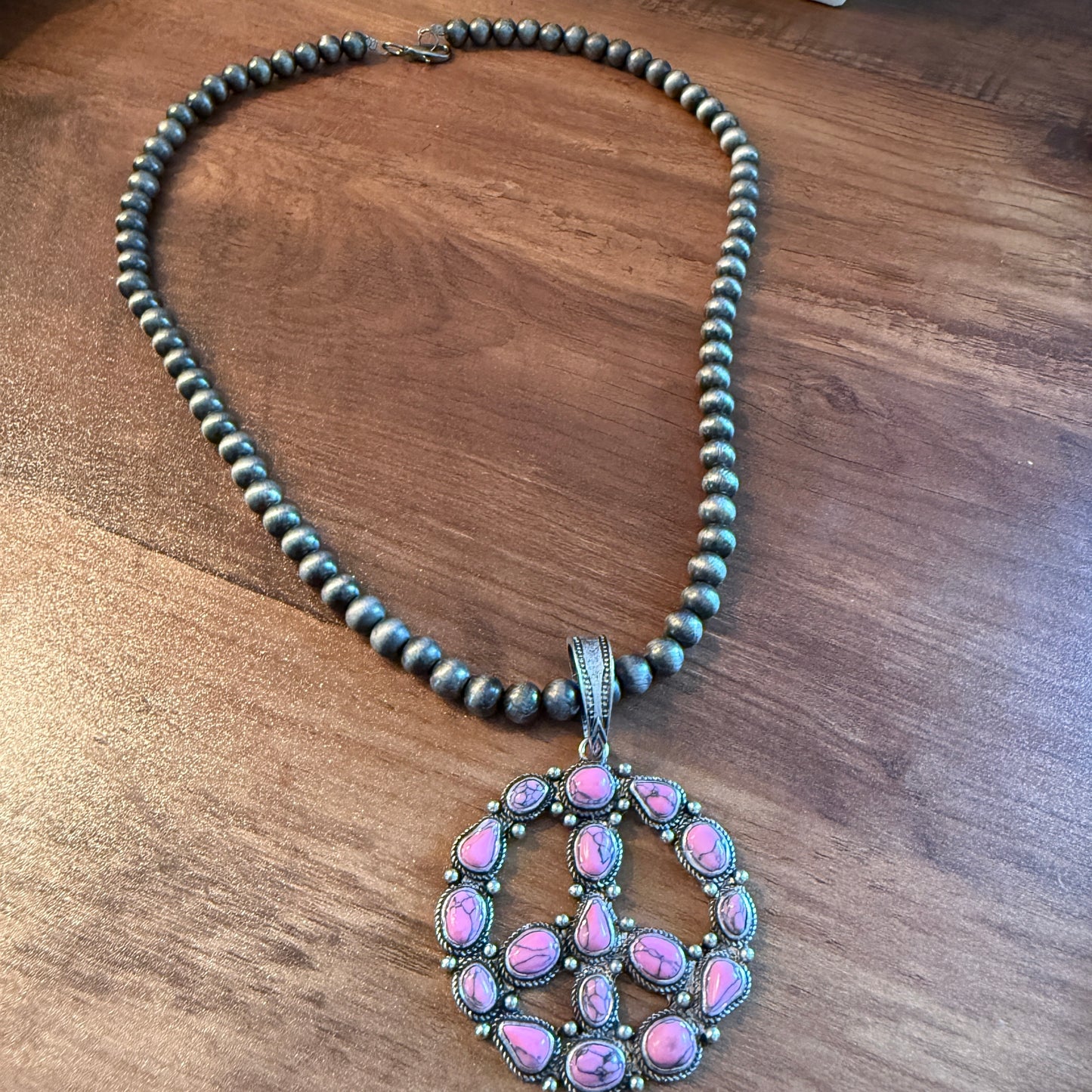 Handcrafted Hippie Hot Pink Peace Sign Pendant Silver 8mm Pearl Necklace , 23 Inch