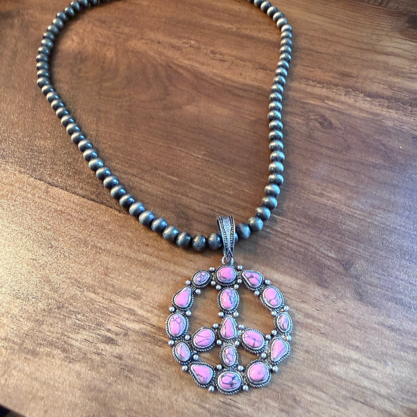 Handcrafted Hippie Hot Pink Peace Sign Pendant Silver 8mm Pearl Necklace , 23 Inch
