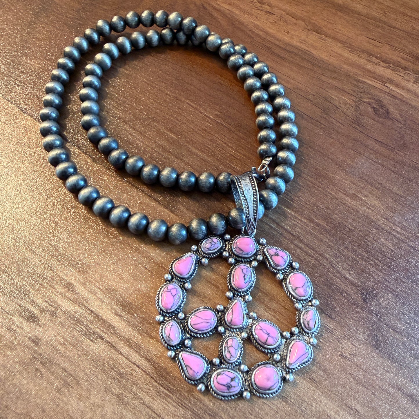 Handcrafted Hippie Hot Pink Peace Sign Pendant Silver 8mm Pearl Necklace , 23 Inch