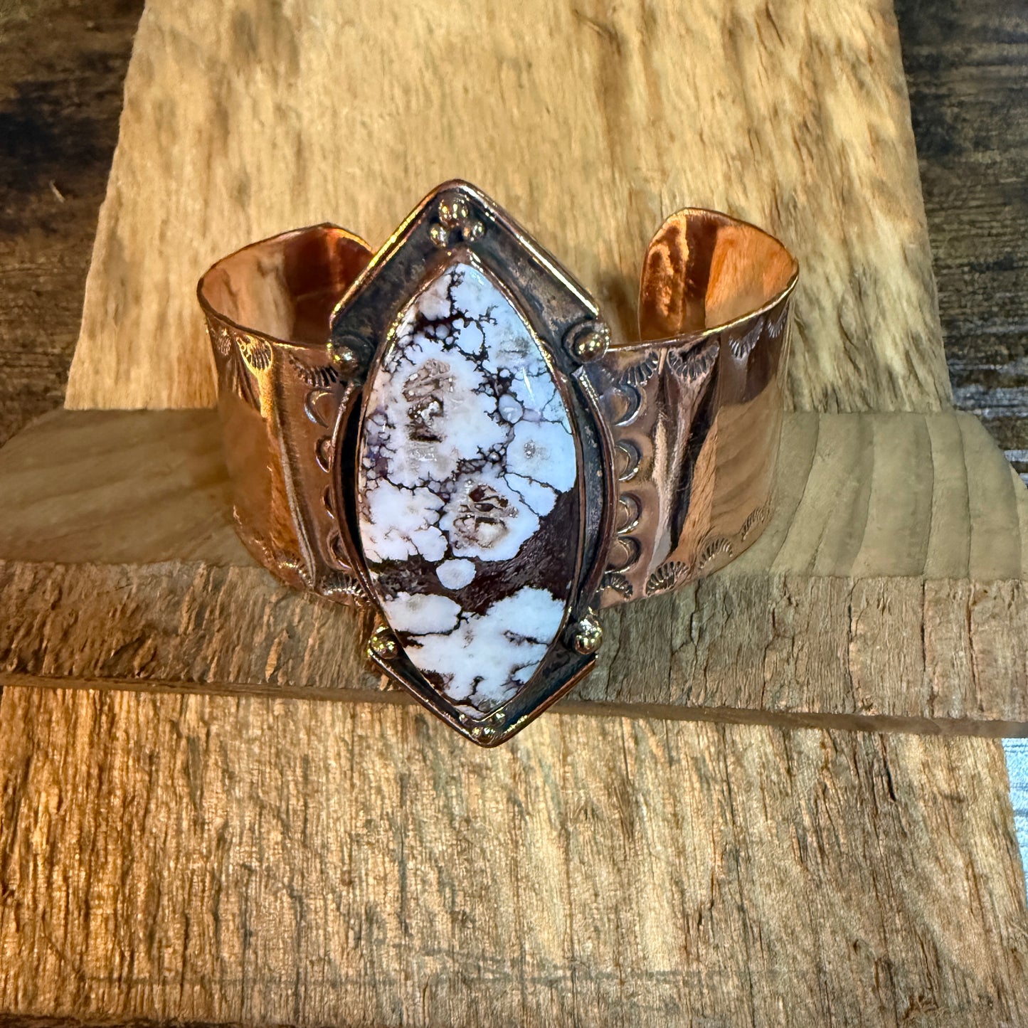 Genuine Copper Flex Cuff Bracelet With Wild Horse Gemstone One Inch Band