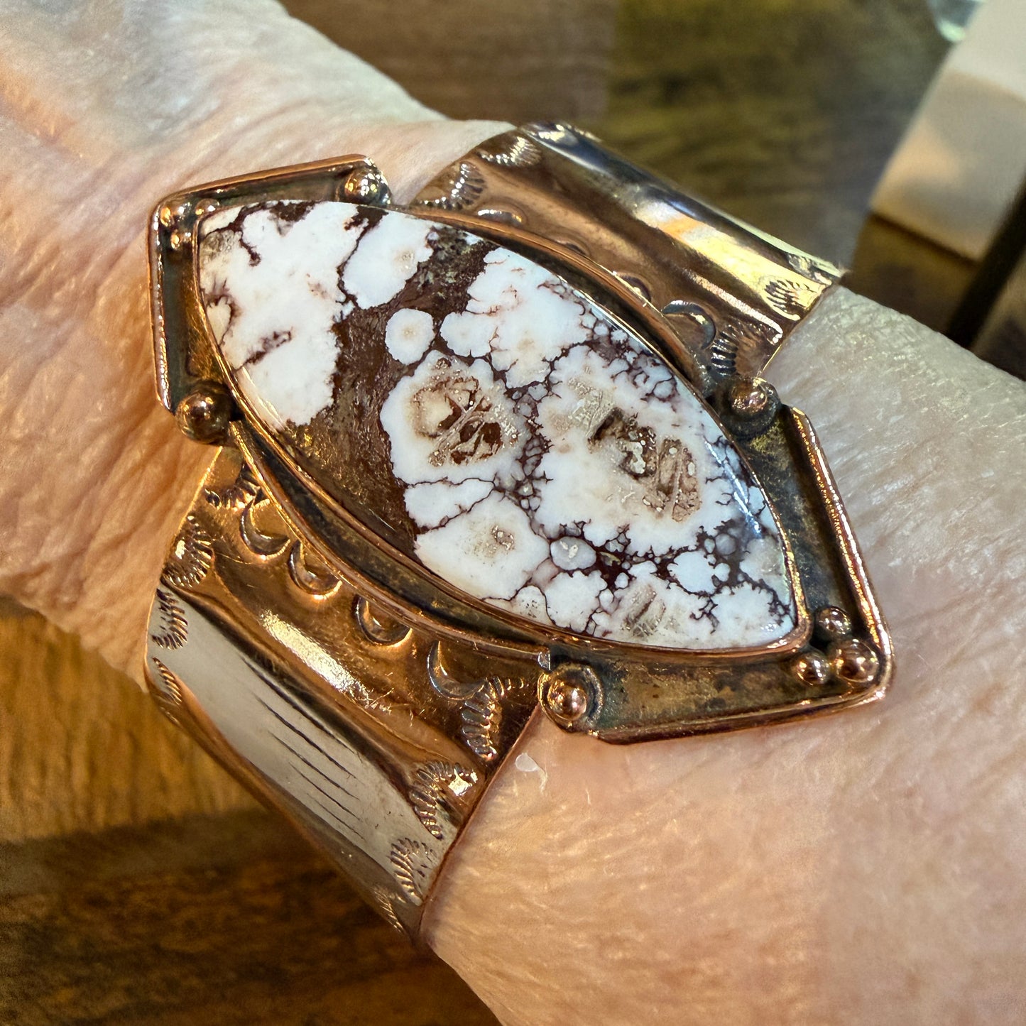 Genuine Copper Flex Cuff Bracelet With Wild Horse Gemstone One Inch Band