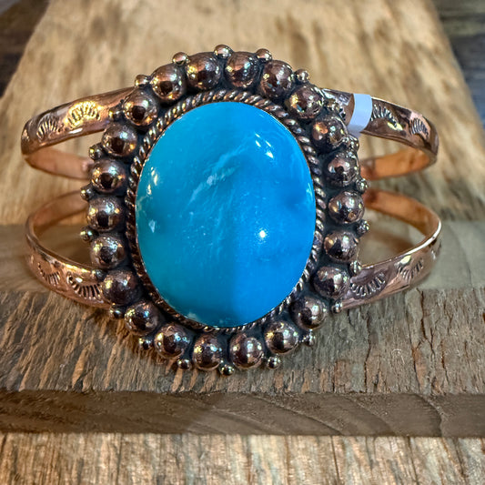 Kingman Turquoise Genuine Copper Cuff Flex Bracelet One Inch Stone Adjustable