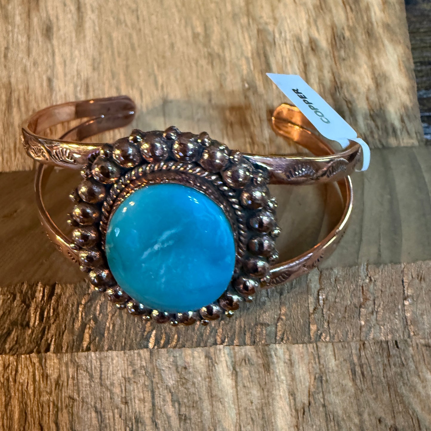 Kingman Turquoise Genuine Copper Cuff Flex Bracelet One Inch Stone Adjustable