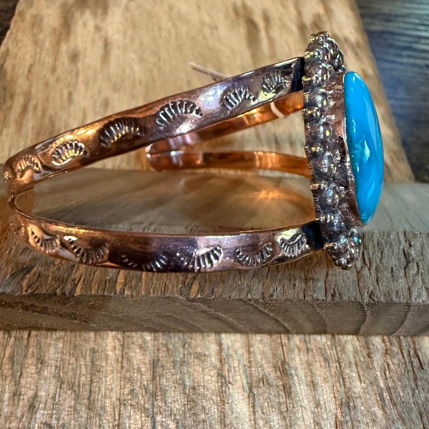 Kingman Turquoise Genuine Copper Cuff Flex Bracelet One Inch Stone Adjustable