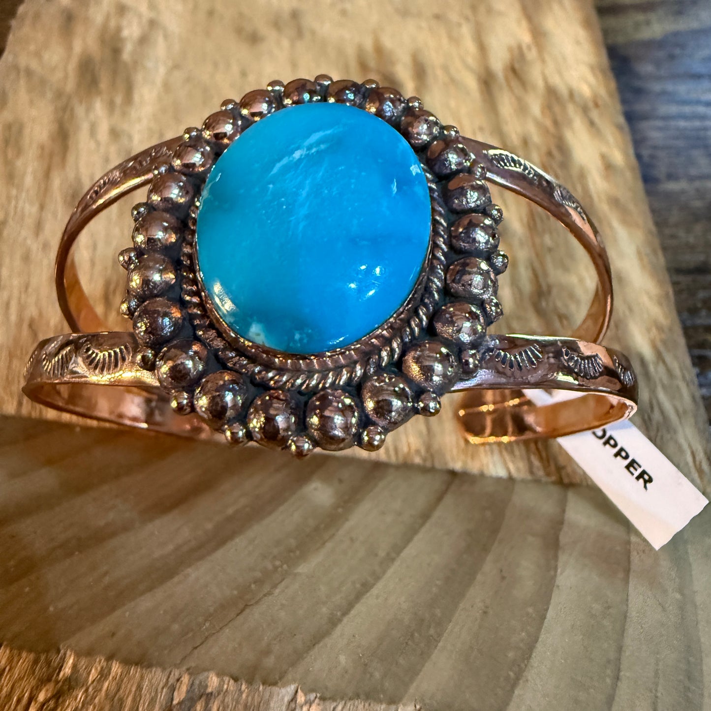Kingman Turquoise Genuine Copper Cuff Flex Bracelet One Inch Stone Adjustable