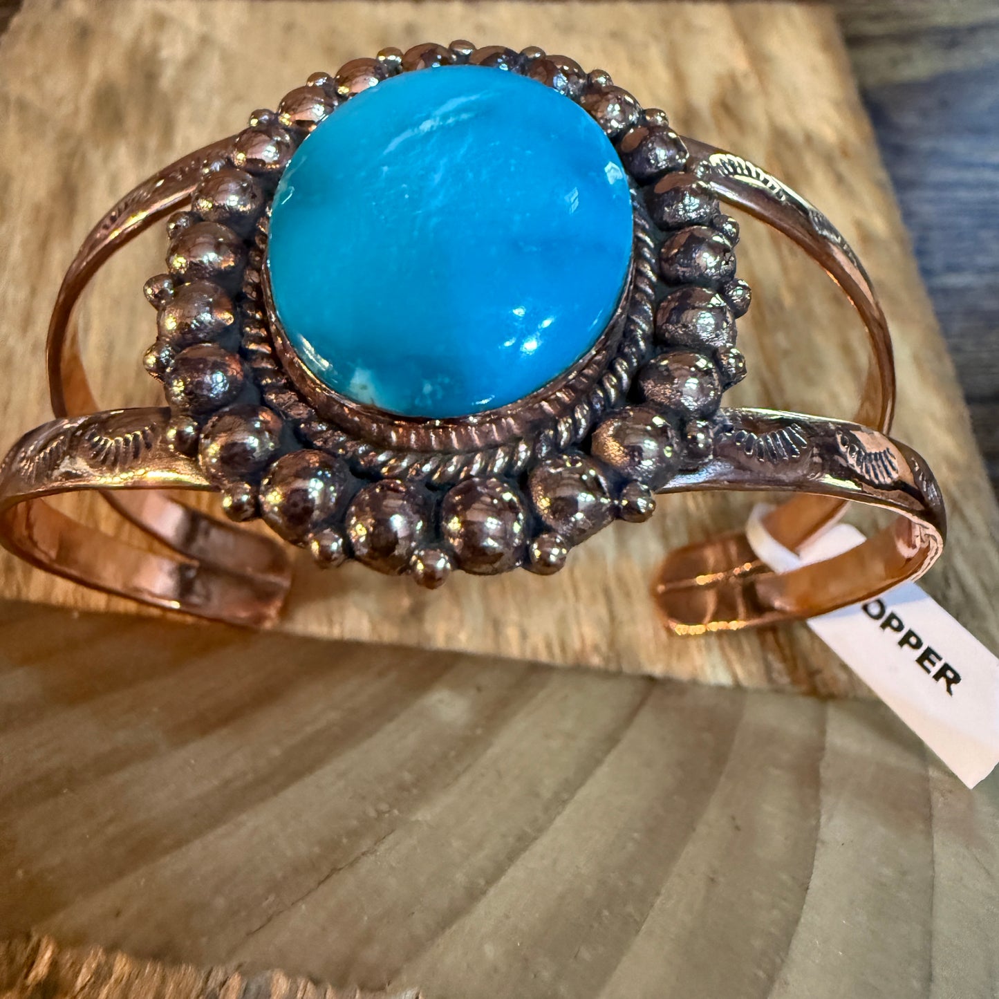Kingman Turquoise Genuine Copper Cuff Flex Bracelet One Inch Stone Adjustable