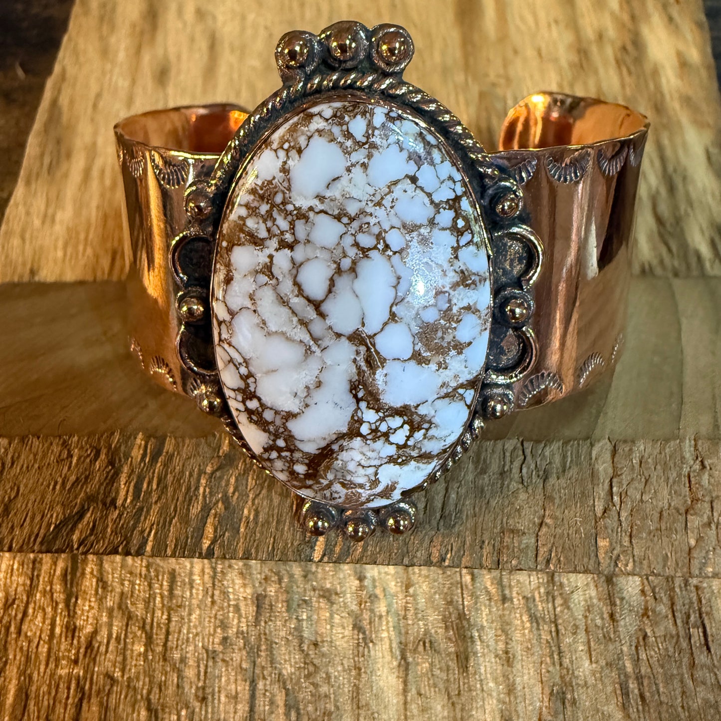 Genuine Copper Wide Cuff Bracelet With Wild Horse Gemstone