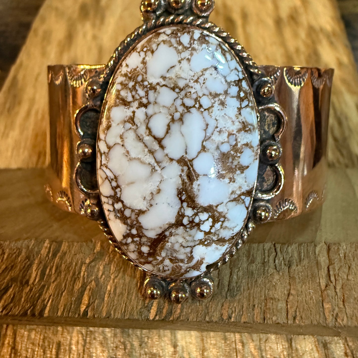 Genuine Copper Wide Cuff Bracelet With Wild Horse Gemstone