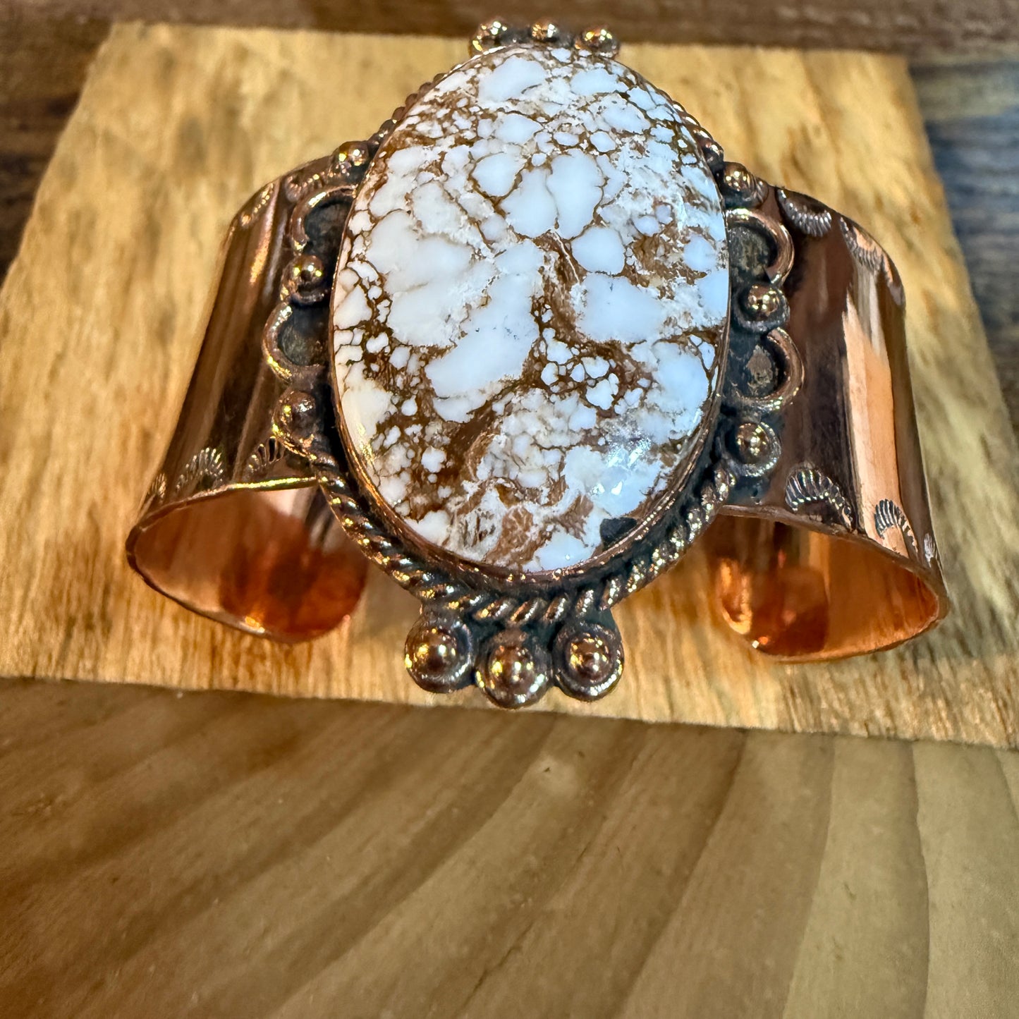 Genuine Copper Wide Cuff Bracelet With Wild Horse Gemstone