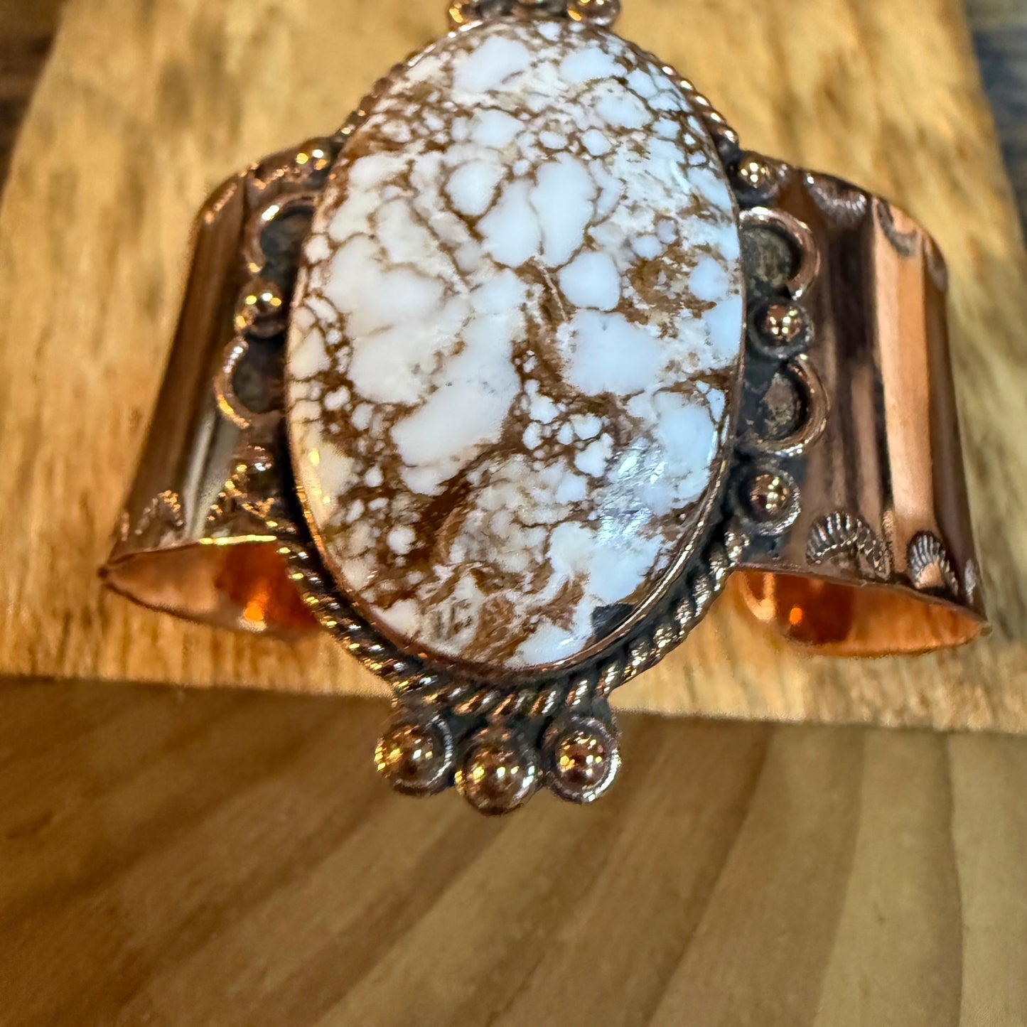 Genuine Copper Wide Cuff Bracelet With Wild Horse Gemstone