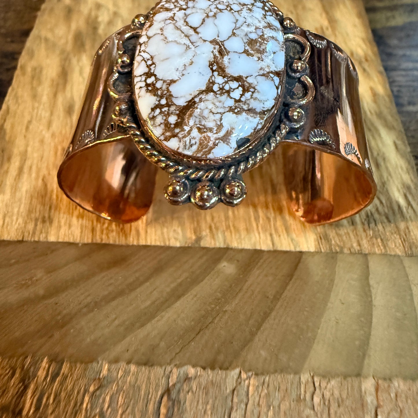 Genuine Copper Wide Cuff Bracelet With Wild Horse Gemstone