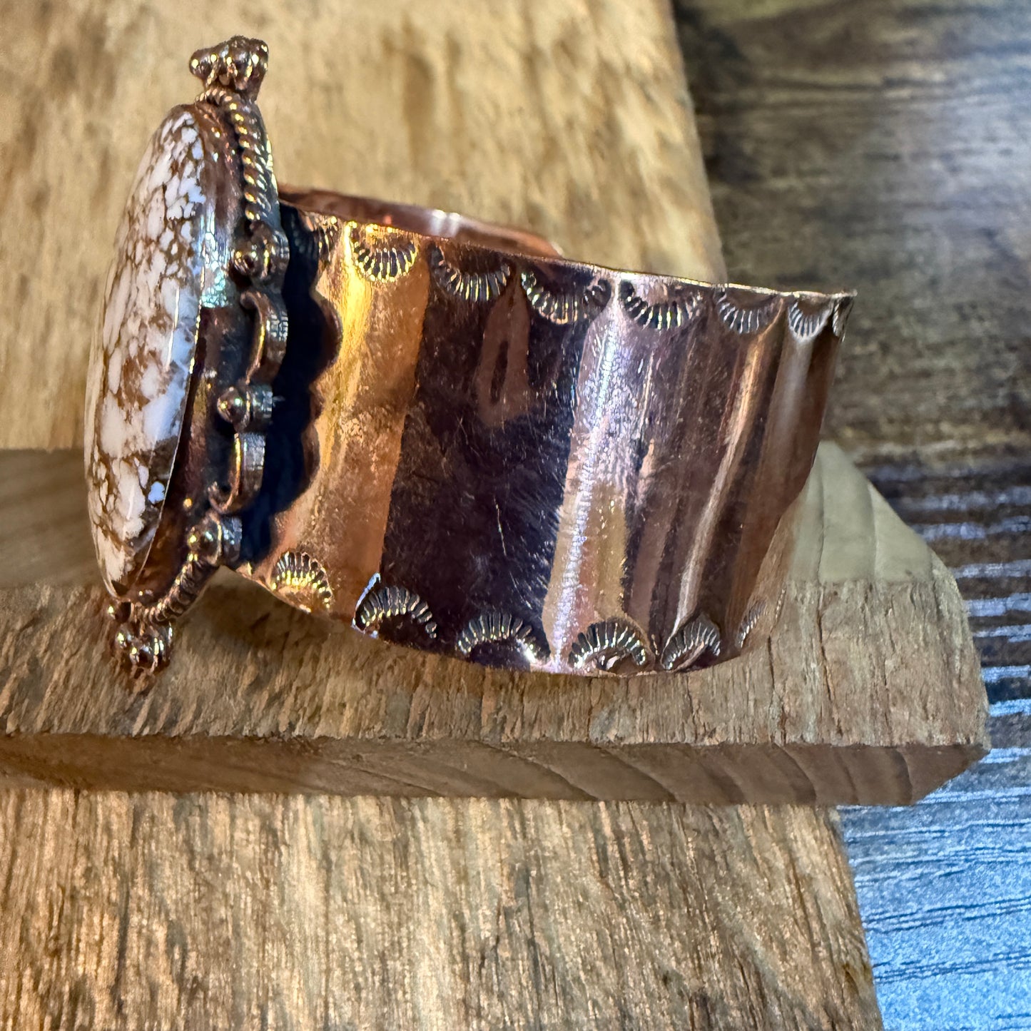 Genuine Copper Wide Cuff Bracelet With Wild Horse Gemstone
