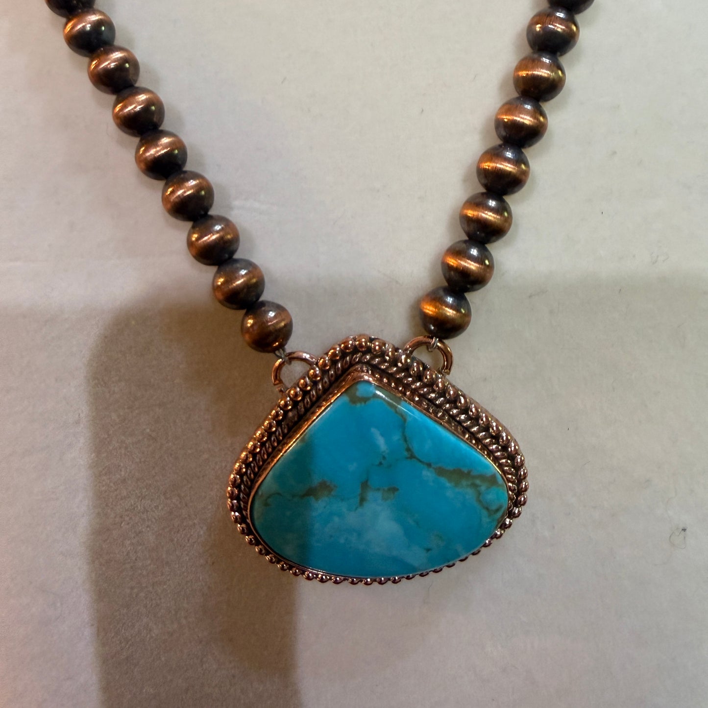 Kingman Turquoise Gemstone Genuine Copper Pearl Bead Necklace 18 Inch