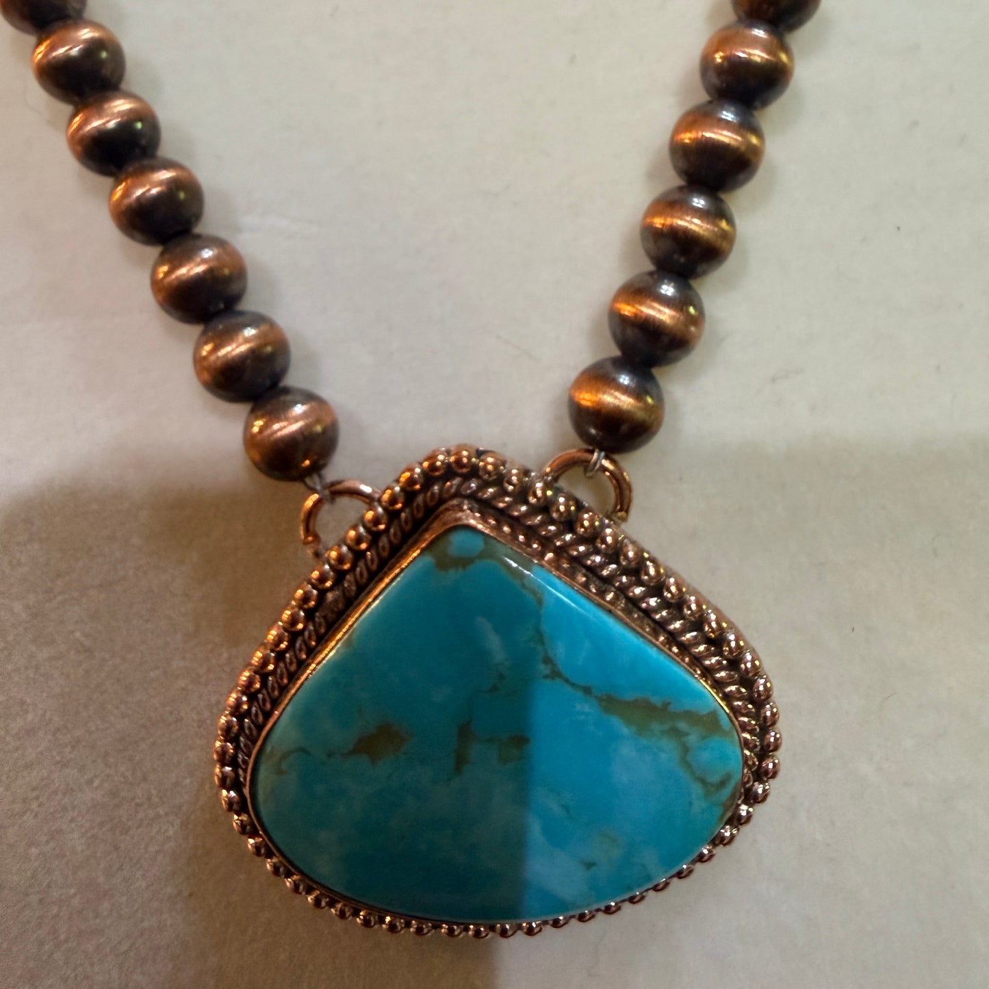 Kingman Turquoise Gemstone Genuine Copper Pearl Bead Necklace 18 Inch