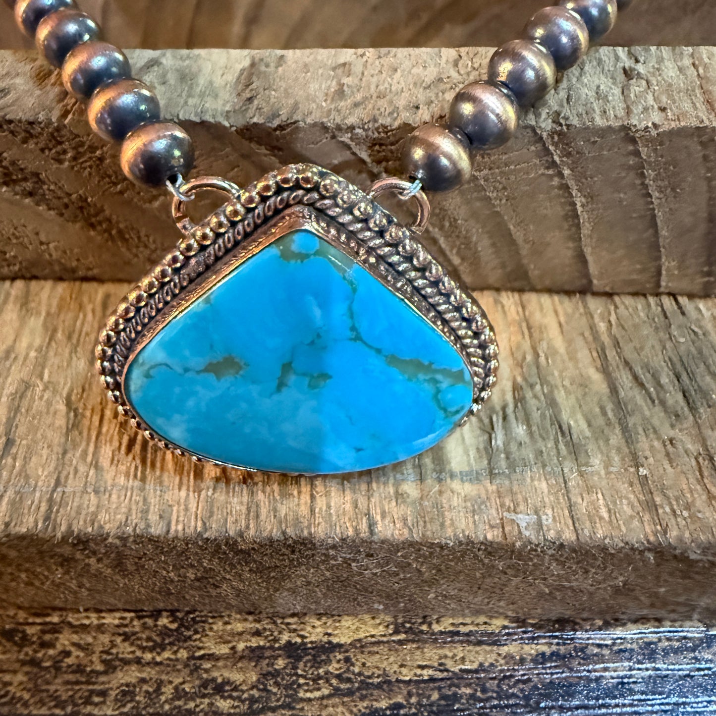 Kingman Turquoise Gemstone Genuine Copper Pearl Bead Necklace 18 Inch