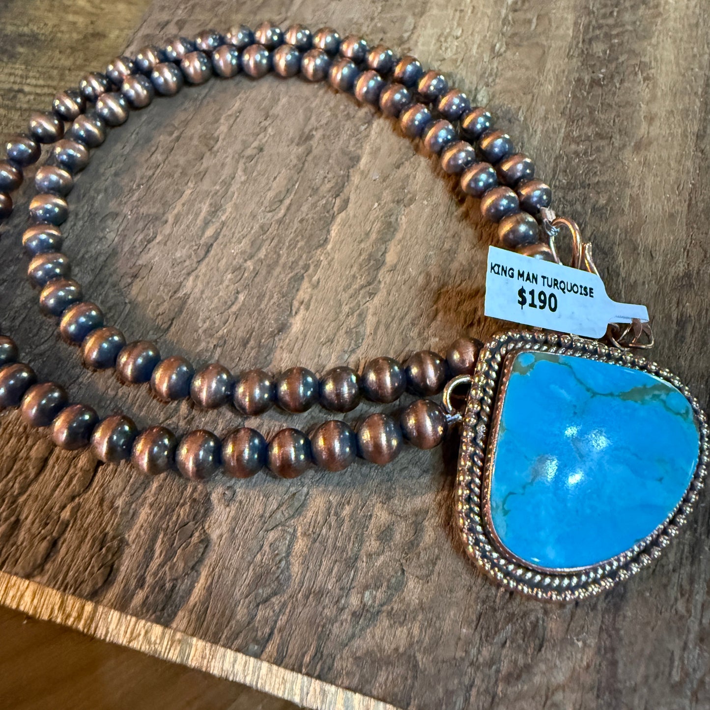 Kingman Turquoise Gemstone Genuine Copper Pearl Bead Necklace 18 Inch