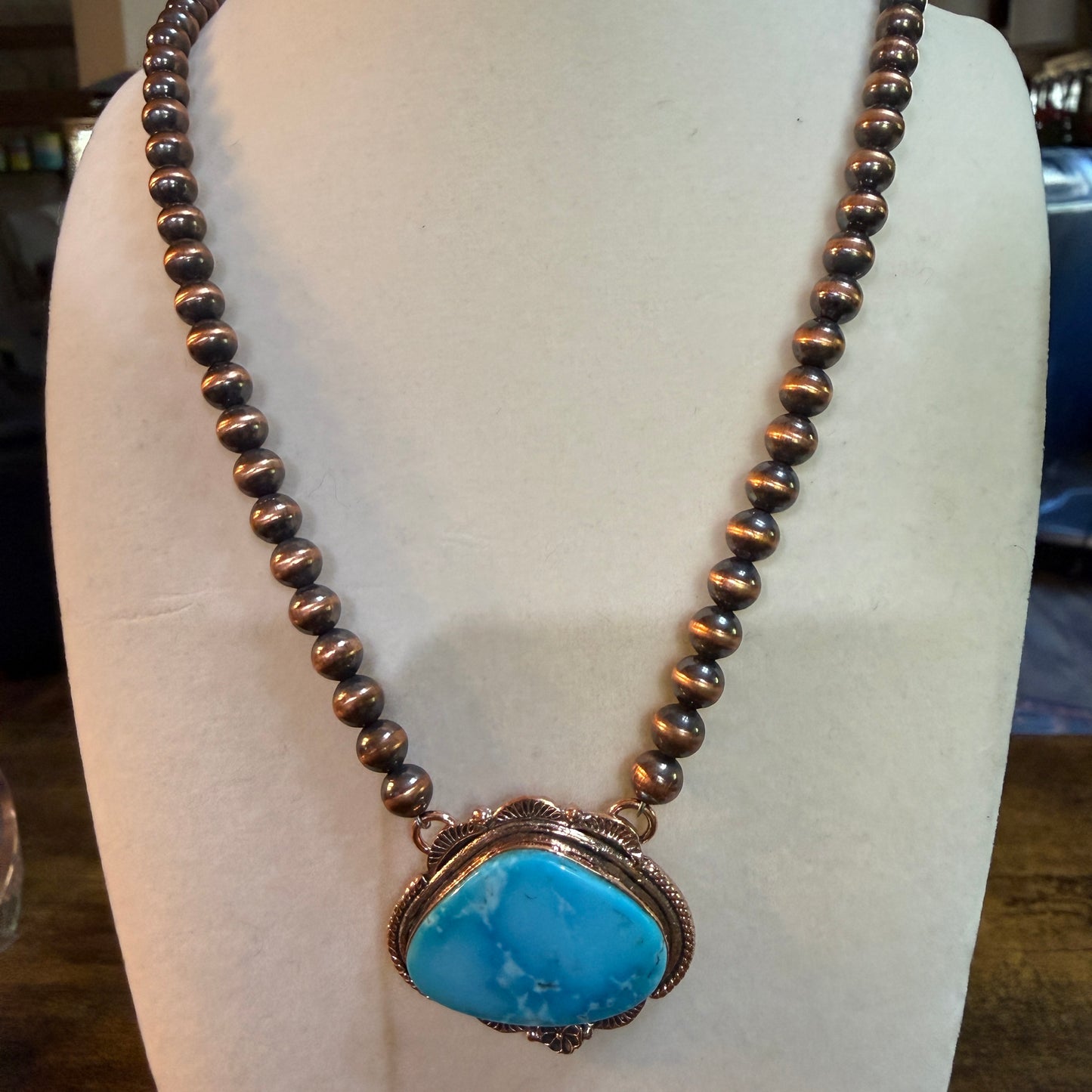 Kingman Turquoise Gemstone Genuine Copper 6mm Pearl Beads Necklace 18 Inch