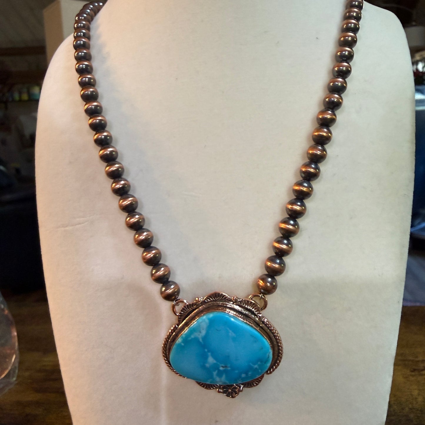 Kingman Turquoise Gemstone Genuine Copper 6mm Pearl Beads Necklace 18 Inch