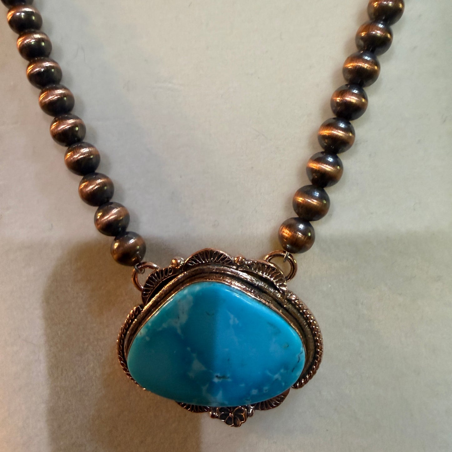 Kingman Turquoise Gemstone Genuine Copper 6mm Pearl Beads Necklace 18 Inch