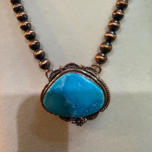 Kingman Turquoise Gemstone Genuine Copper 6mm Pearl Beads Necklace 18 Inch