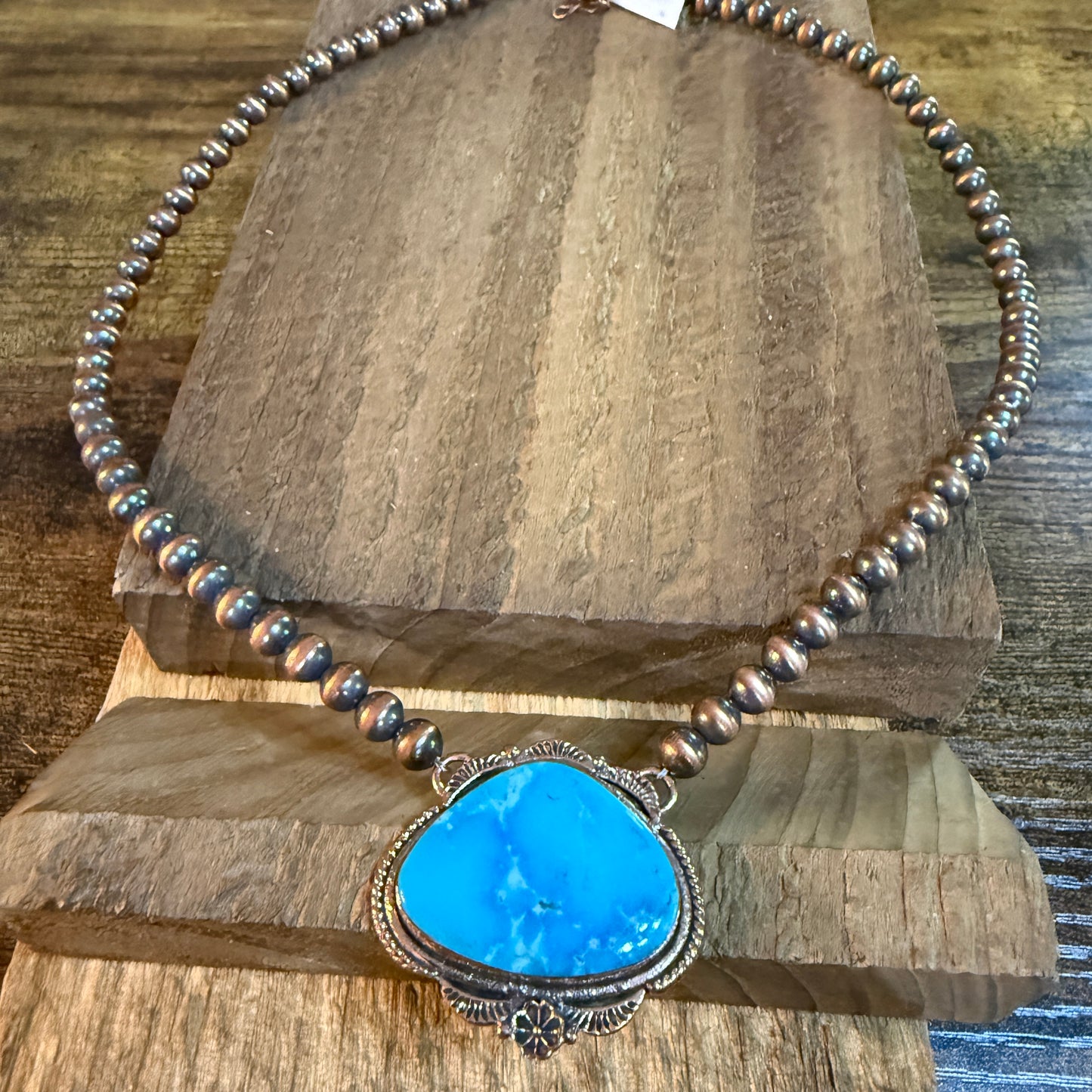 Kingman Turquoise Gemstone Genuine Copper 6mm Pearl Beads Necklace 18 Inch