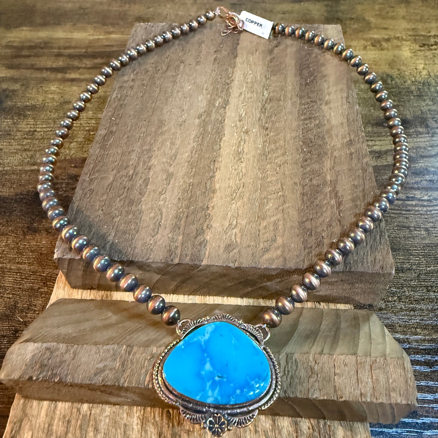 Kingman Turquoise Gemstone Genuine Copper 6mm Pearl Beads Necklace 18 Inch