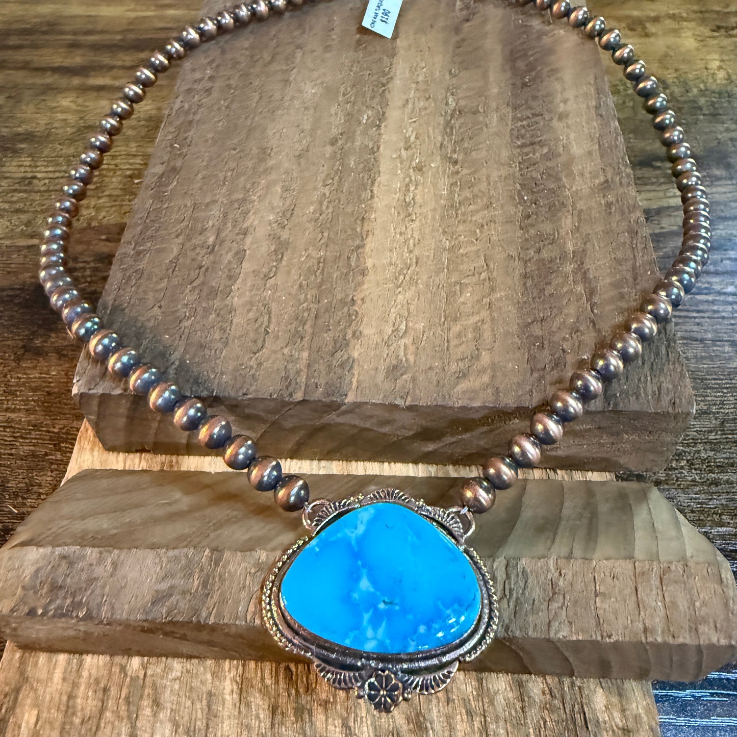 Kingman Turquoise Gemstone Genuine Copper 6mm Pearl Beads Necklace 18 Inch