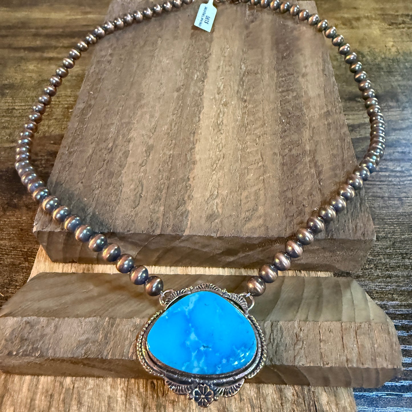Kingman Turquoise Gemstone Genuine Copper 6mm Pearl Beads Necklace 18 Inch