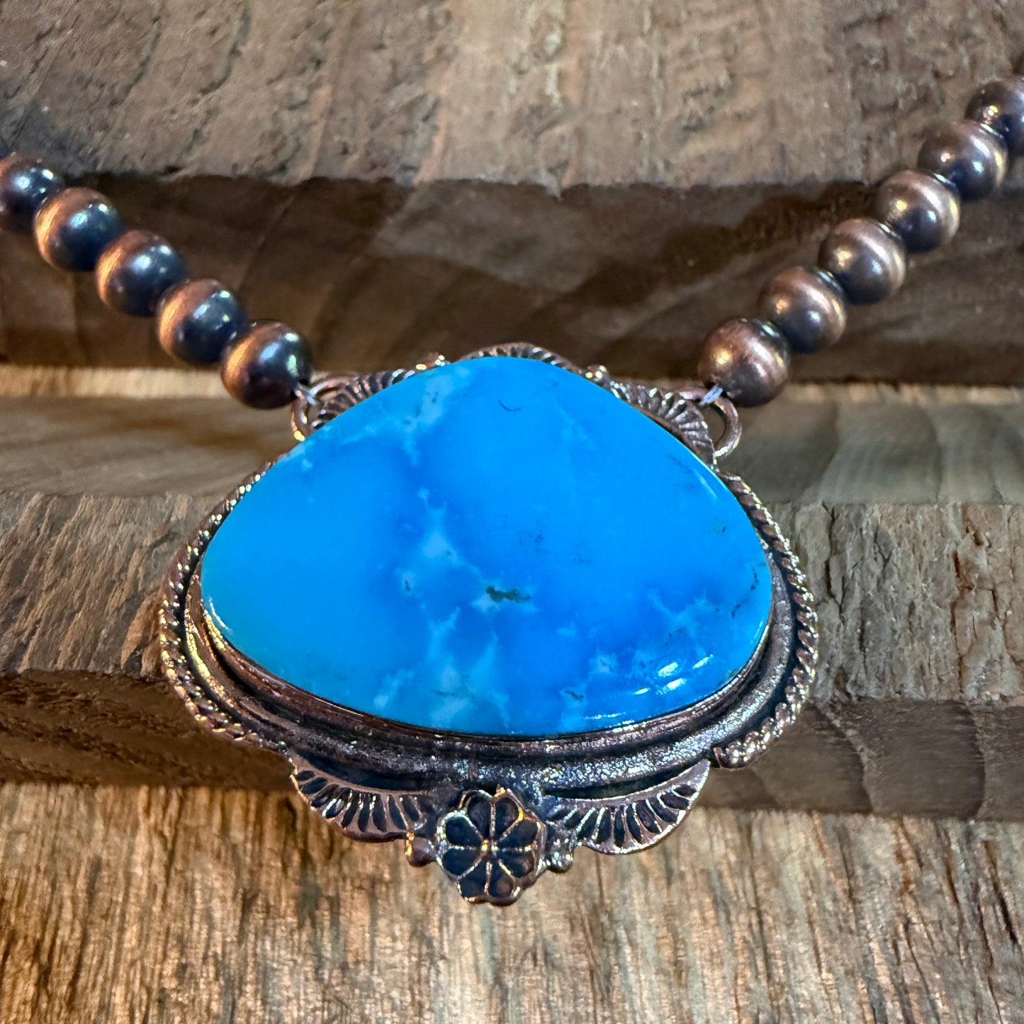 Kingman Turquoise Gemstone Genuine Copper 6mm Pearl Beads Necklace 18 Inch