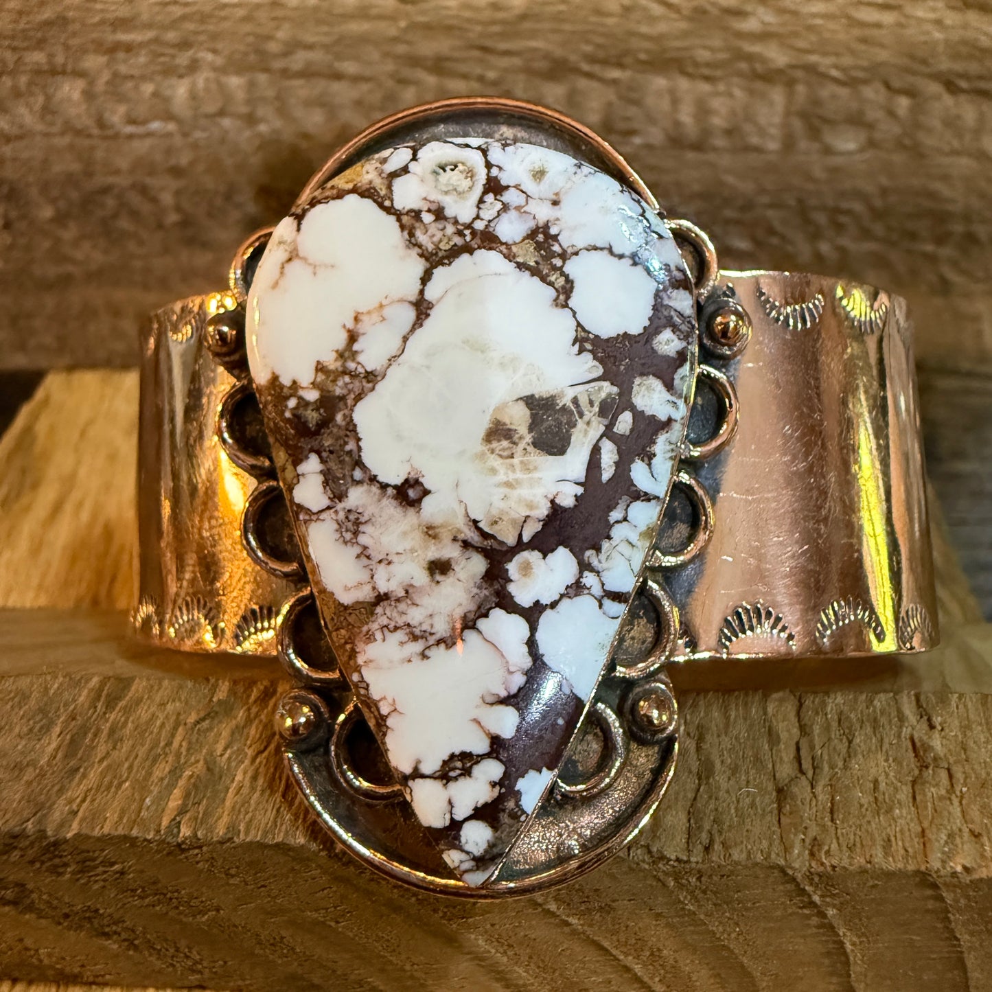 Genuine Copper Wild Horse Gemstone Wide Cuff Bracelet Adjustable 2 Inch Stone