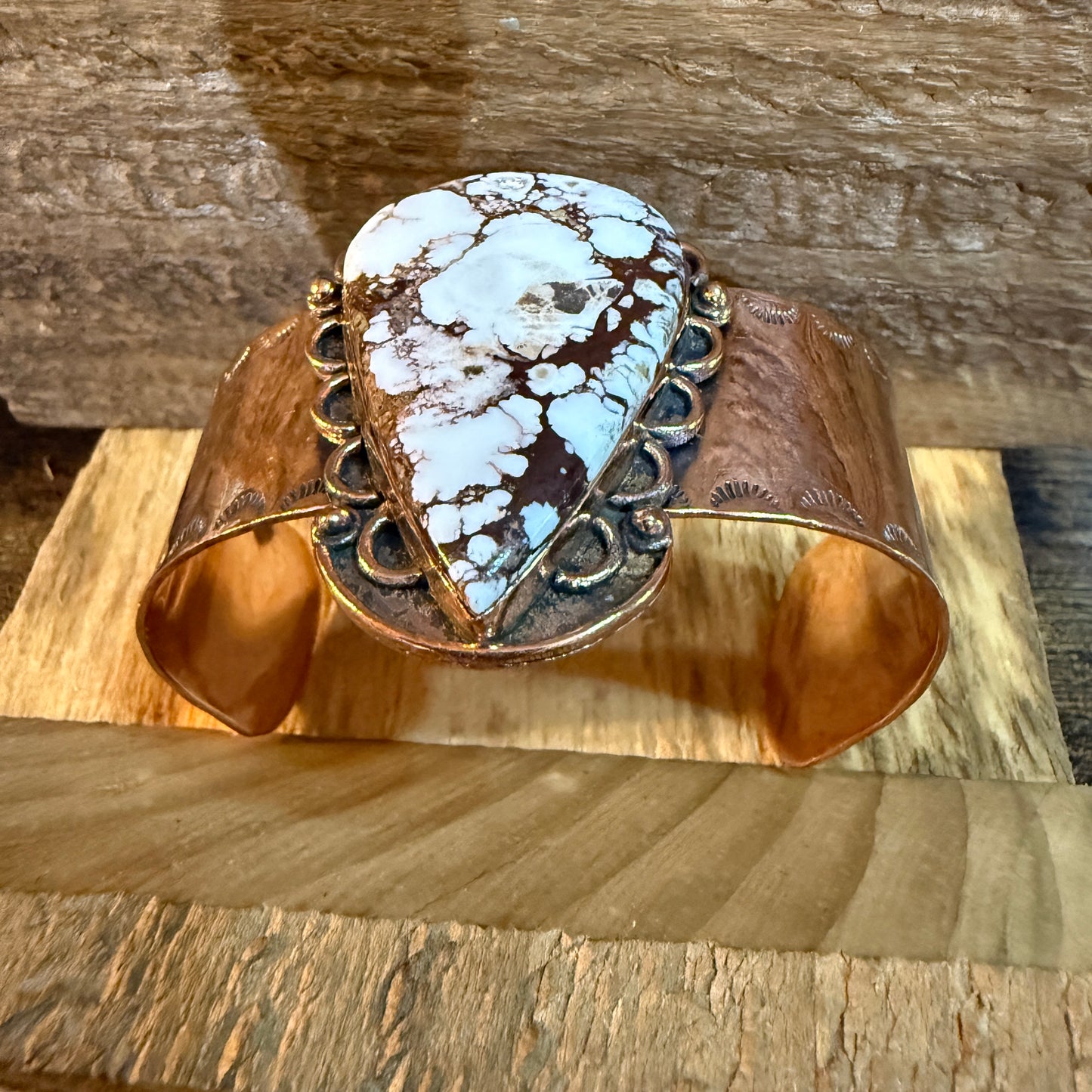 Genuine Copper Wild Horse Gemstone Wide Cuff Bracelet Adjustable 2 Inch Stone