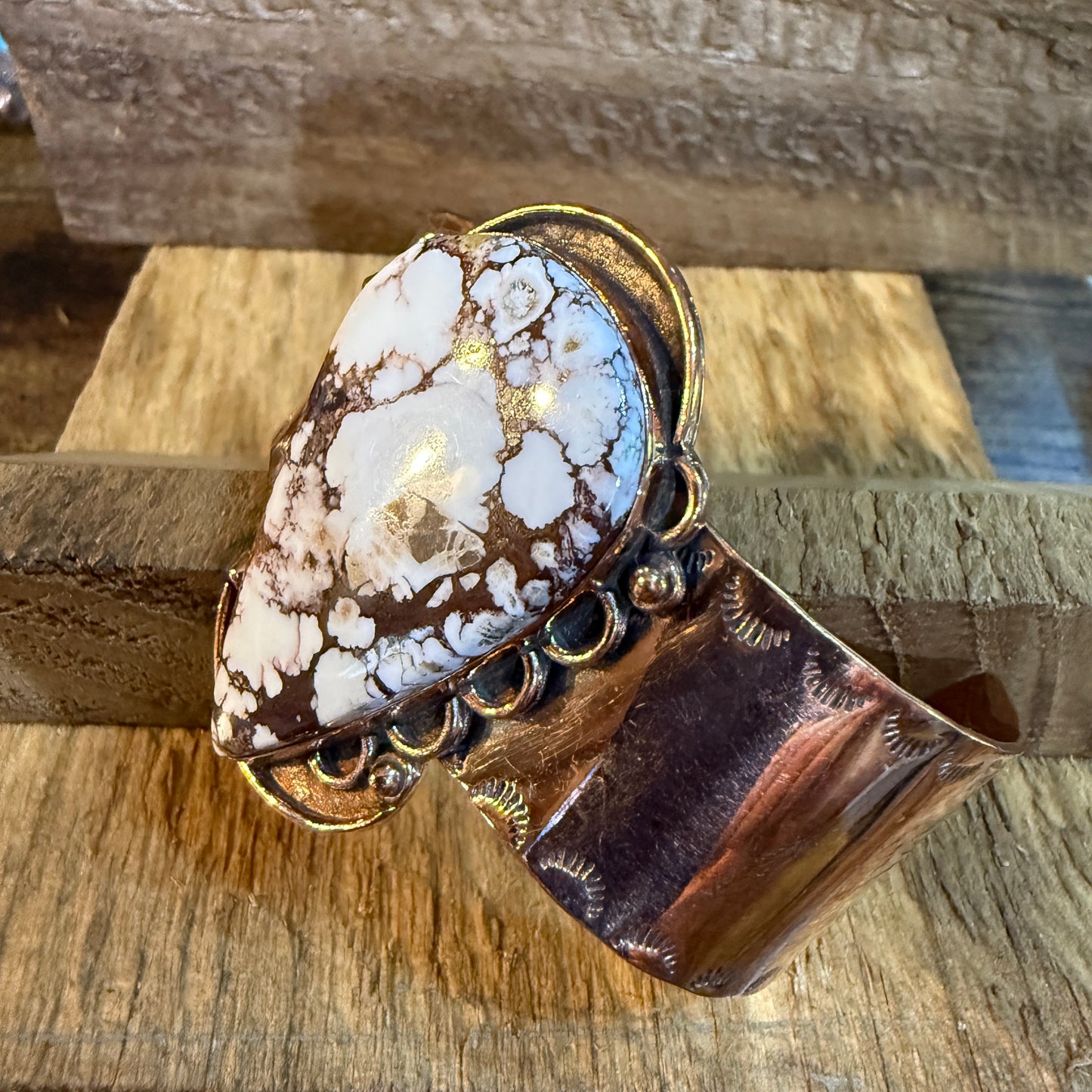 Genuine Copper Wild Horse Gemstone Wide Cuff Bracelet Adjustable 2 Inch Stone