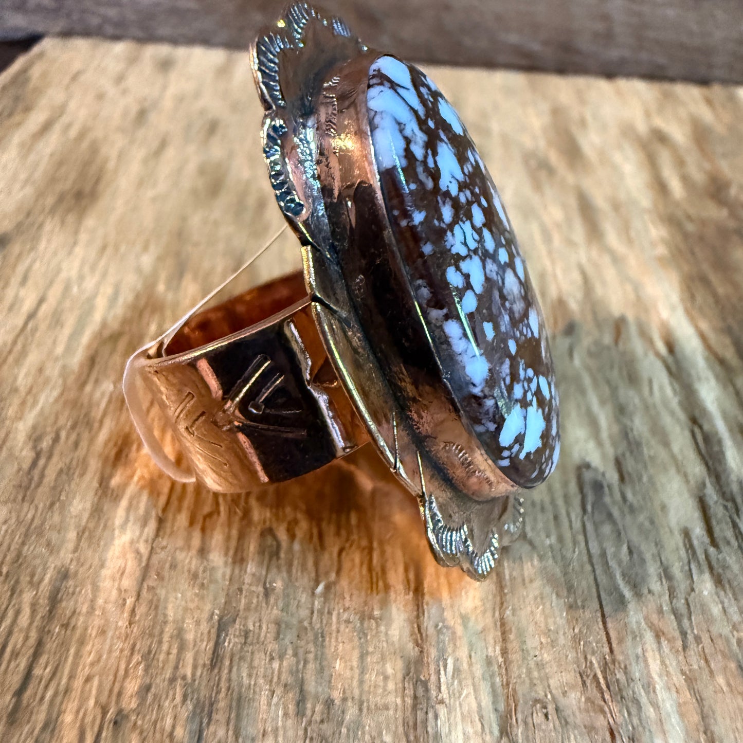 Wild Horse Gemstone Adjustable Copper Ring With One and a Half Inch Stone