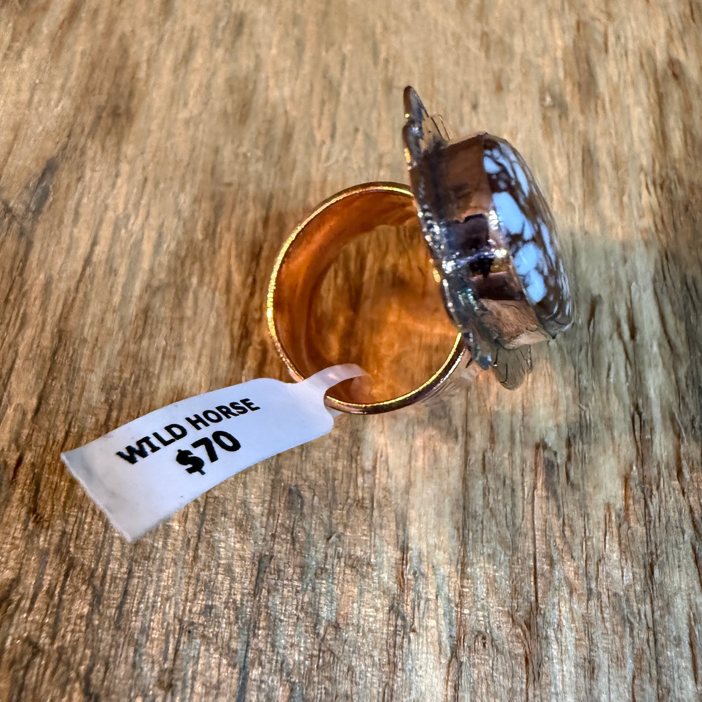 Wild Horse Gemstone Adjustable Copper Ring With One and a Half Inch Stone