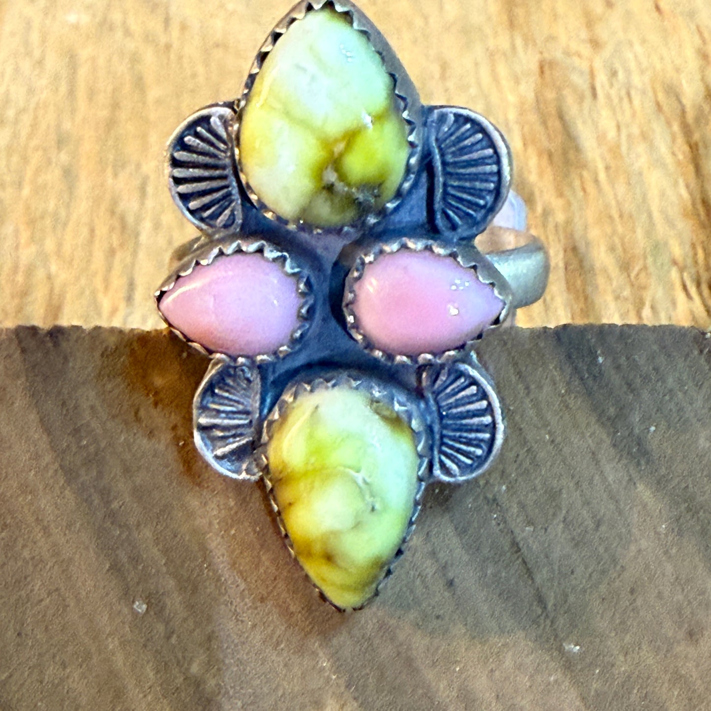 Pink Conch and Palomino Four Gemstones Adjustable Ring in Sterling Silver