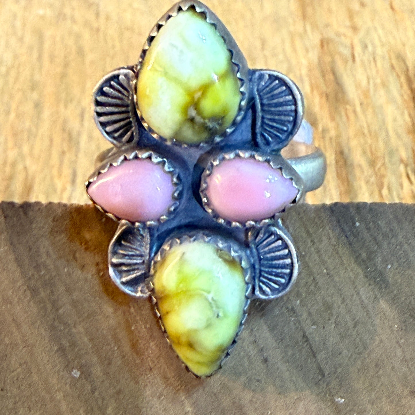 Pink Conch and Palomino Four Gemstones Adjustable Ring in Sterling Silver