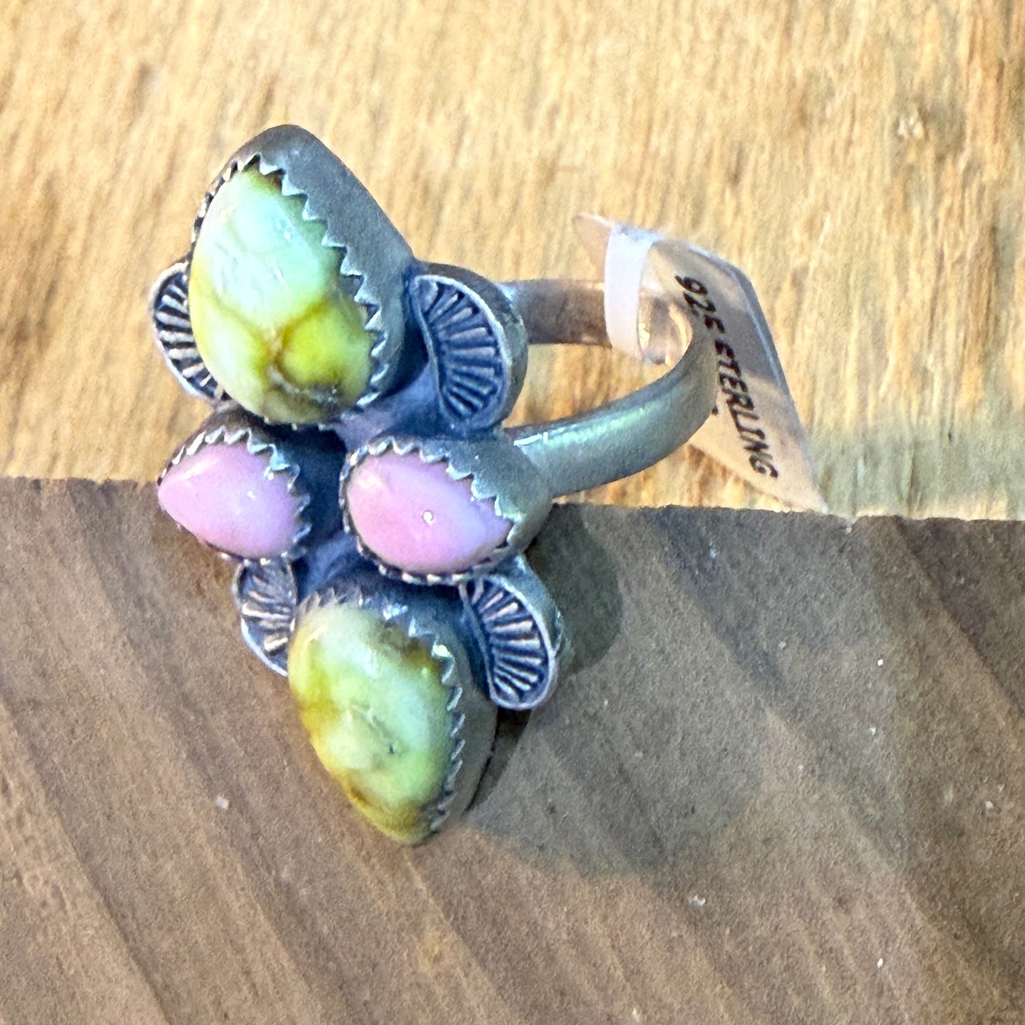 Pink Conch and Palomino Four Gemstones Adjustable Ring in Sterling Silver