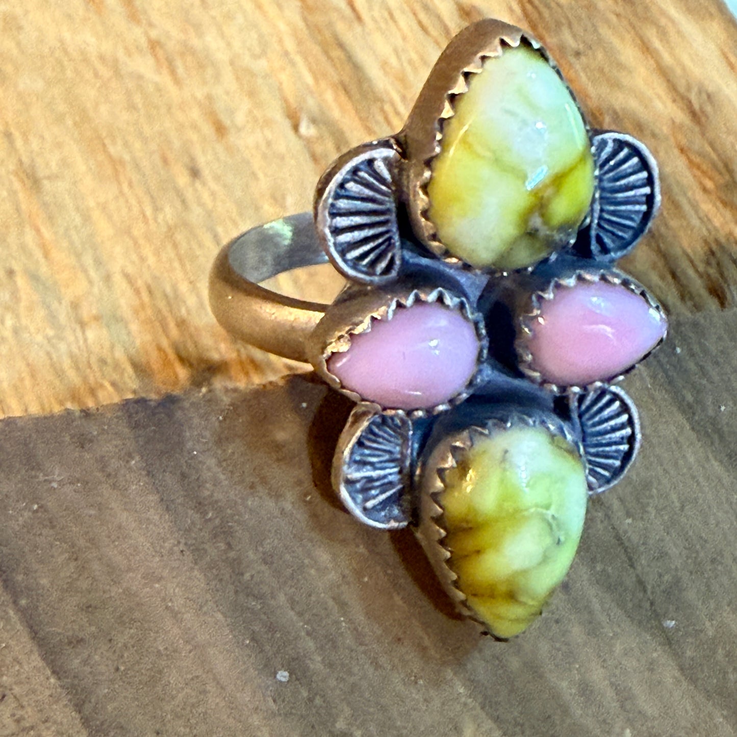 Pink Conch and Palomino Four Gemstones Adjustable Ring in Sterling Silver
