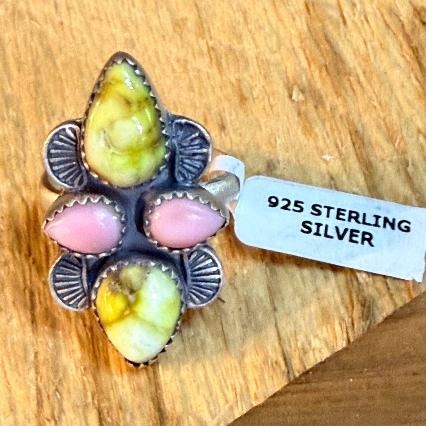 Pink Conch and Palomino Four Gemstones Adjustable Ring in Sterling Silver